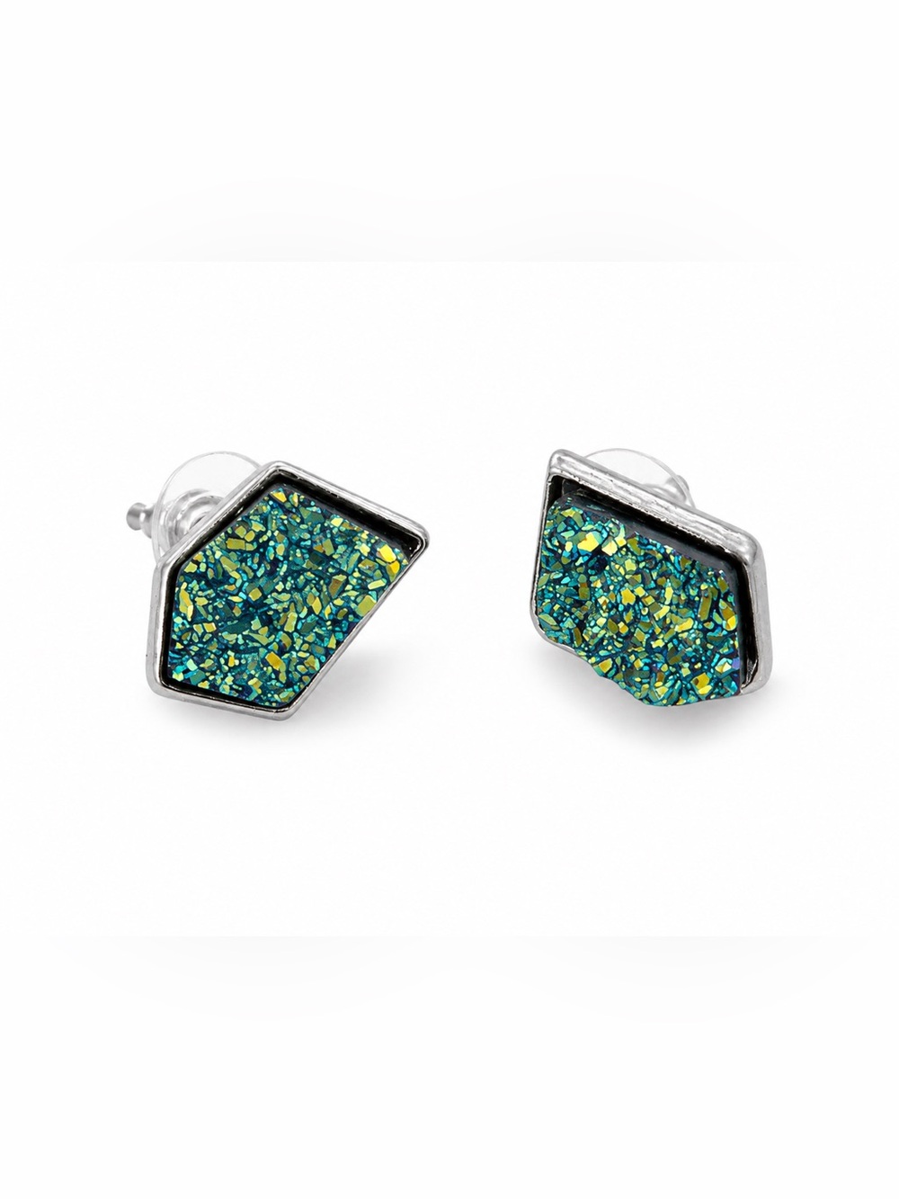 Geometric Druzy Stud Earrings Blue Green Iridescent Silver Tone